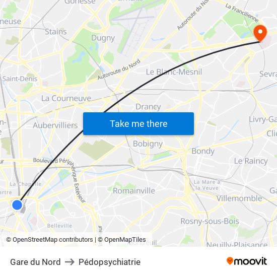Gare du Nord to Pédopsychiatrie map