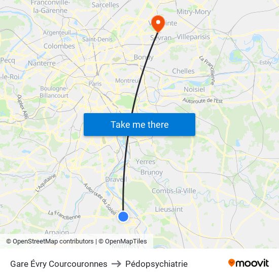 Gare Évry Courcouronnes to Pédopsychiatrie map
