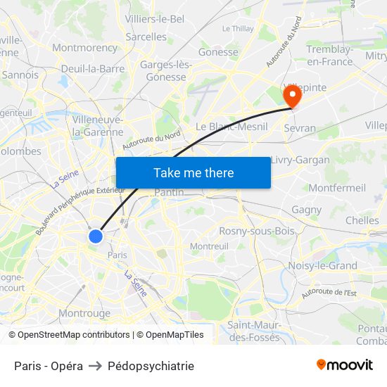 Paris - Opéra to Pédopsychiatrie map