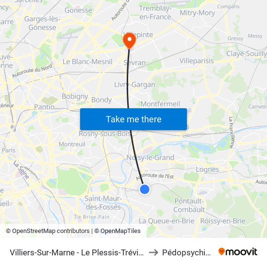 Villiers-Sur-Marne - Le Plessis-Trévise RER to Pédopsychiatrie map
