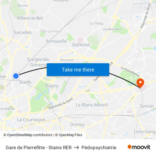 Gare de Pierrefitte - Stains RER to Pédopsychiatrie map