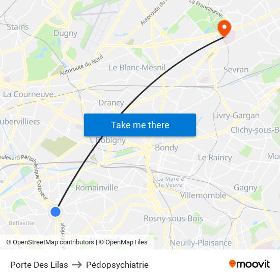 Porte Des Lilas to Pédopsychiatrie map