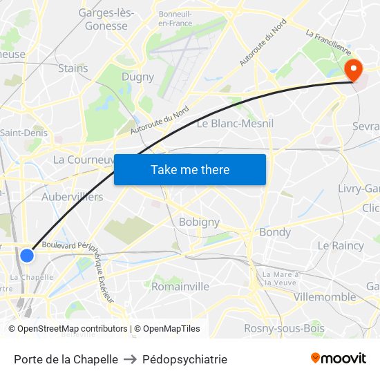 Porte de la Chapelle to Pédopsychiatrie map