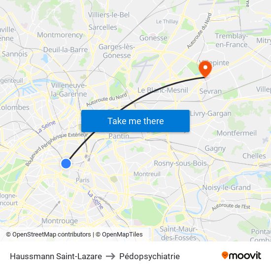 Haussmann Saint-Lazare to Pédopsychiatrie map