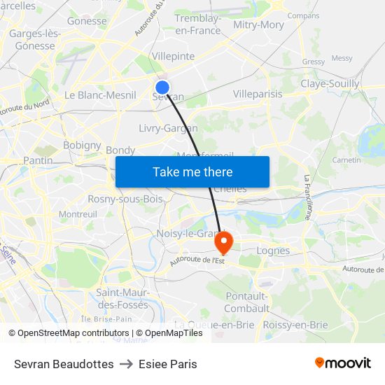 Sevran Beaudottes to Esiee Paris map