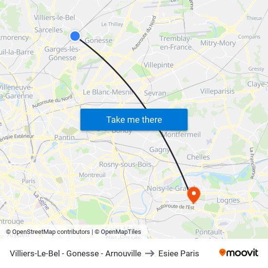 Villiers-Le-Bel - Gonesse - Arnouville to Esiee Paris map