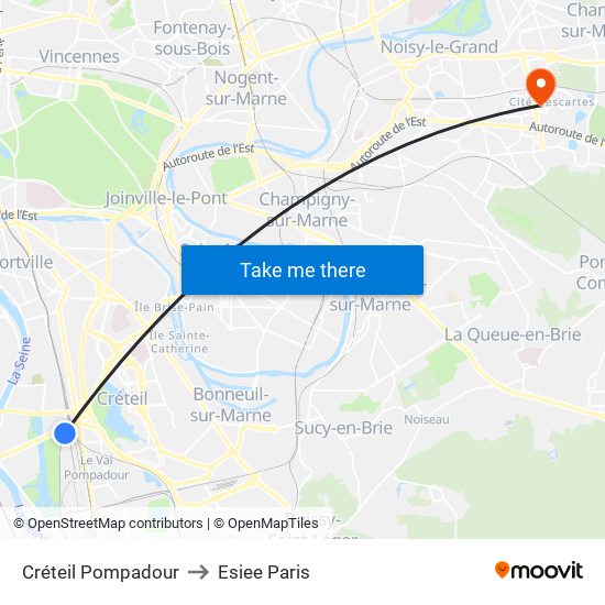 Créteil Pompadour to Esiee Paris map