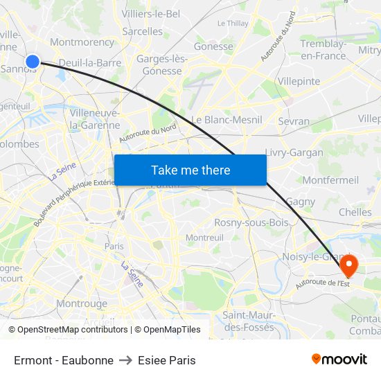 Ermont - Eaubonne to Esiee Paris map