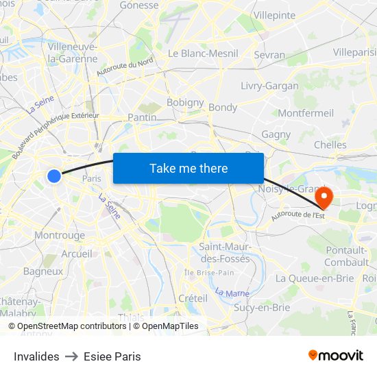 Invalides to Esiee Paris map