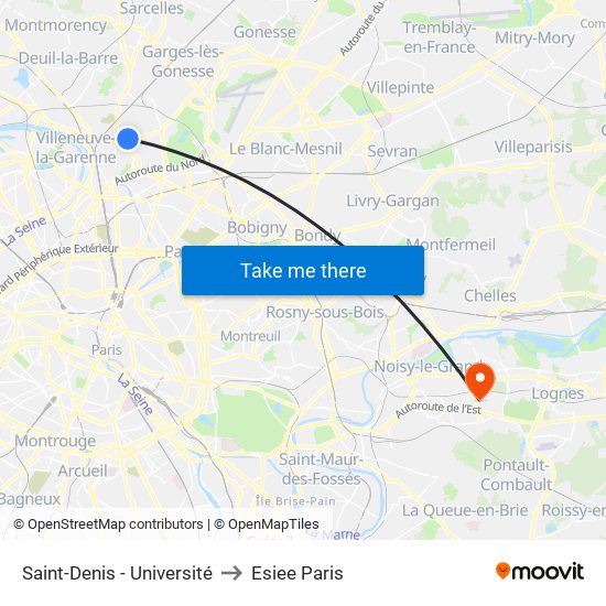 Saint-Denis - Université to Esiee Paris map