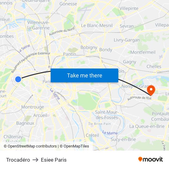 Trocadéro to Esiee Paris map