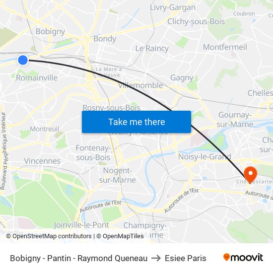 Bobigny - Pantin - Raymond Queneau to Esiee Paris map