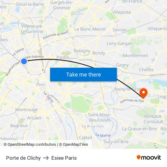 Porte de Clichy to Esiee Paris map