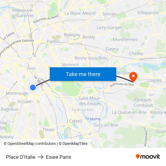 Place D'Italie to Esiee Paris map