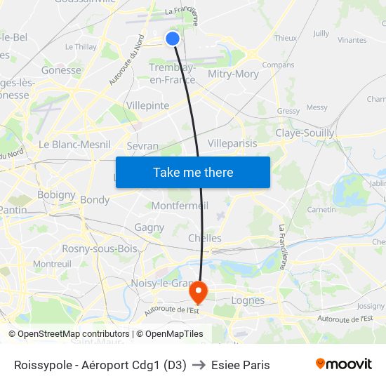 Roissypole - Aéroport Cdg1 (D3) to Esiee Paris map
