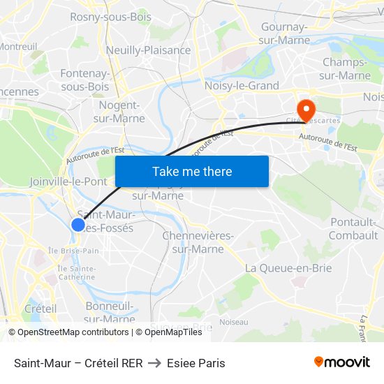 Saint-Maur – Créteil RER to Esiee Paris map