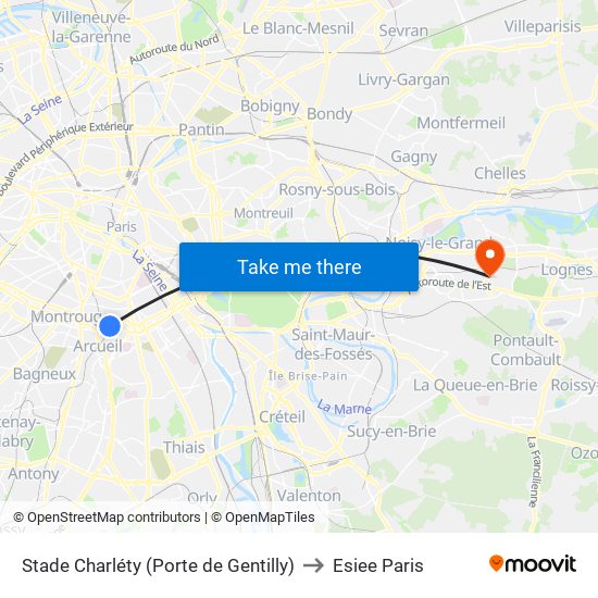Stade Charléty (Porte de Gentilly) to Esiee Paris map