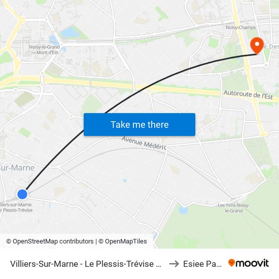 Villiers-Sur-Marne - Le Plessis-Trévise RER to Esiee Paris map