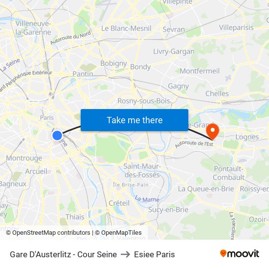 Gare D'Austerlitz - Cour Seine to Esiee Paris map