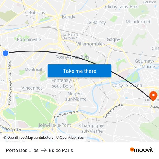 Porte Des Lilas to Esiee Paris map
