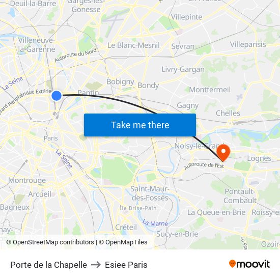 Porte de la Chapelle to Esiee Paris map