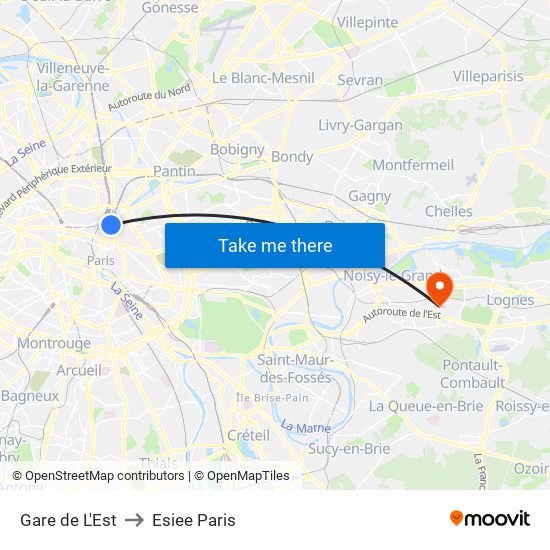 Gare de L'Est to Esiee Paris map