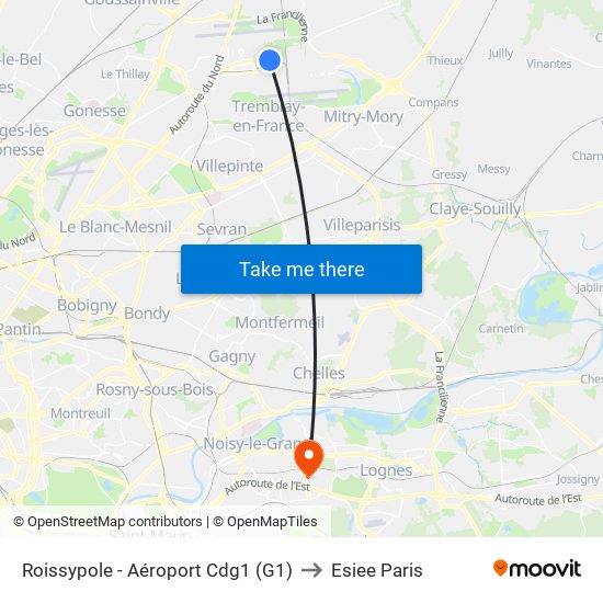 Roissypole - Aéroport Cdg1 (G1) to Esiee Paris map
