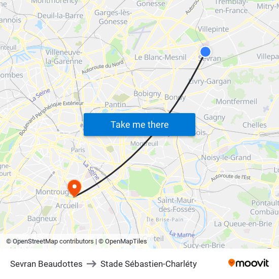 Sevran Beaudottes to Stade Sébastien-Charléty map