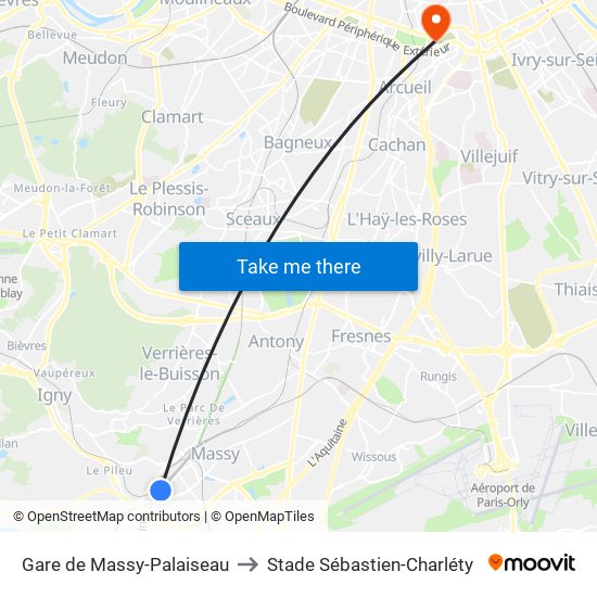 Gare de Massy-Palaiseau to Stade Sébastien-Charléty map