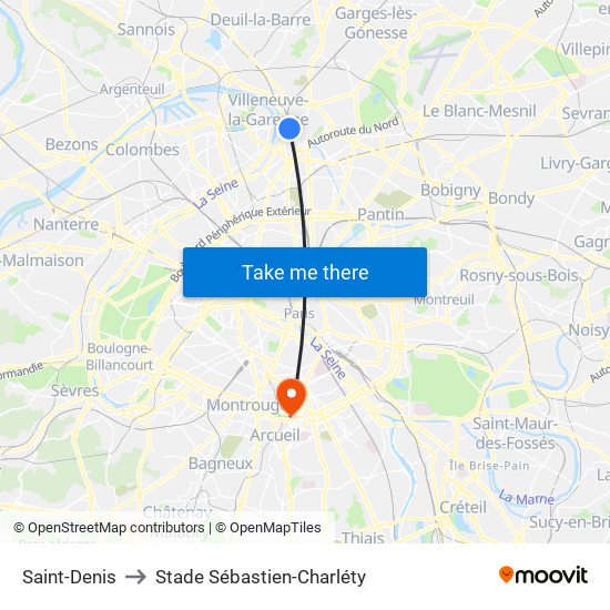 Saint-Denis to Stade Sébastien-Charléty map