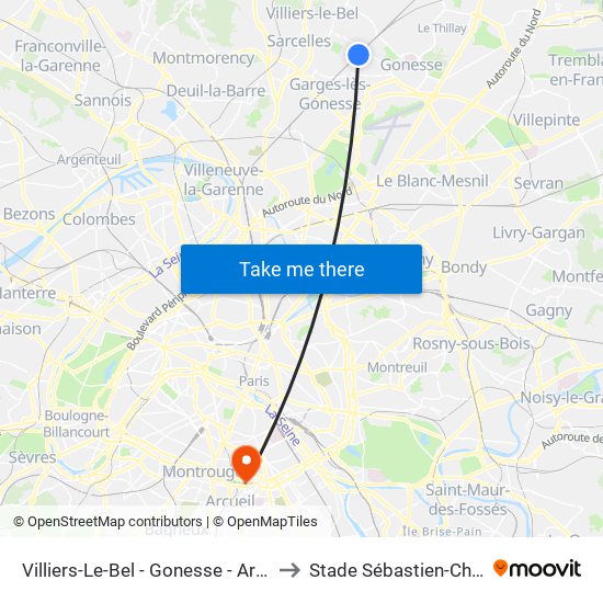 Villiers-Le-Bel - Gonesse - Arnouville to Stade Sébastien-Charléty map