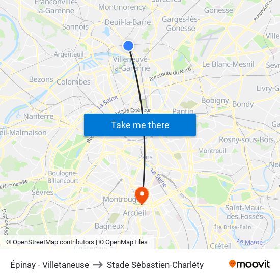 Épinay - Villetaneuse to Stade Sébastien-Charléty map