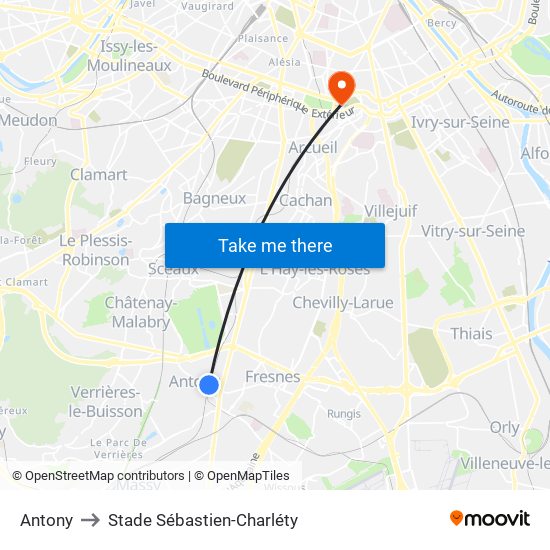 Antony to Stade Sébastien-Charléty map