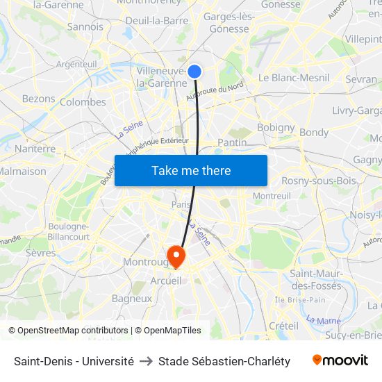 Saint-Denis - Université to Stade Sébastien-Charléty map