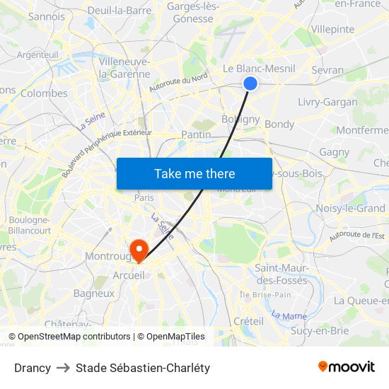 Drancy to Stade Sébastien-Charléty map