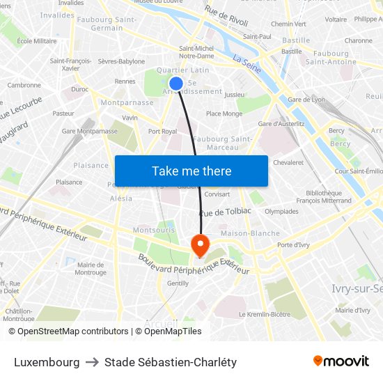 Luxembourg to Stade Sébastien-Charléty map