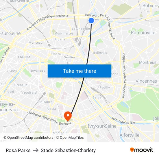 Rosa Parks to Stade Sébastien-Charléty map