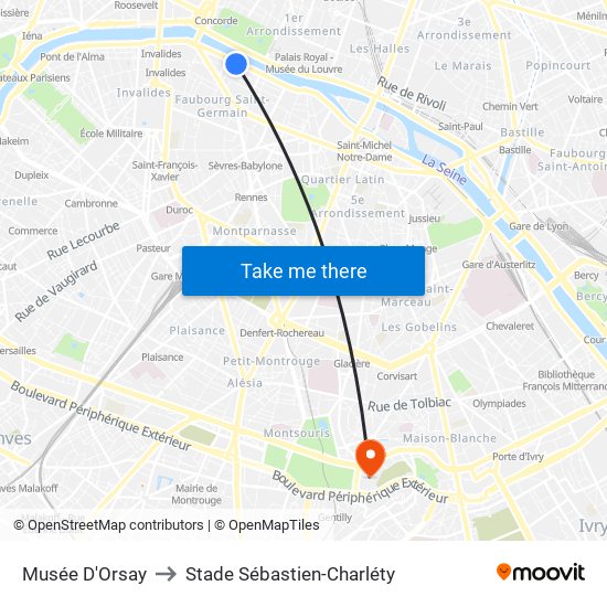 Musée D'Orsay to Stade Sébastien-Charléty map
