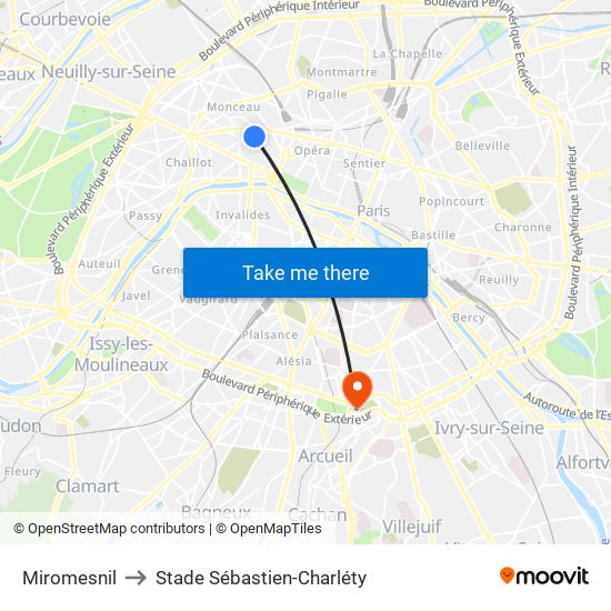Miromesnil to Stade Sébastien-Charléty map