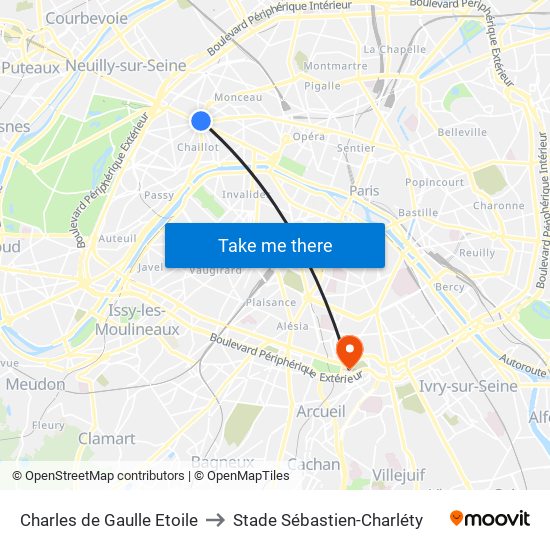 Charles de Gaulle Etoile to Stade Sébastien-Charléty map