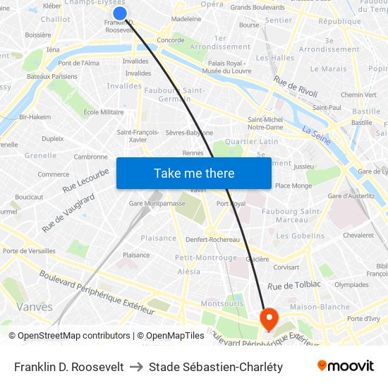 Franklin D. Roosevelt to Stade Sébastien-Charléty map
