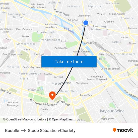 Bastille to Stade Sébastien-Charléty map
