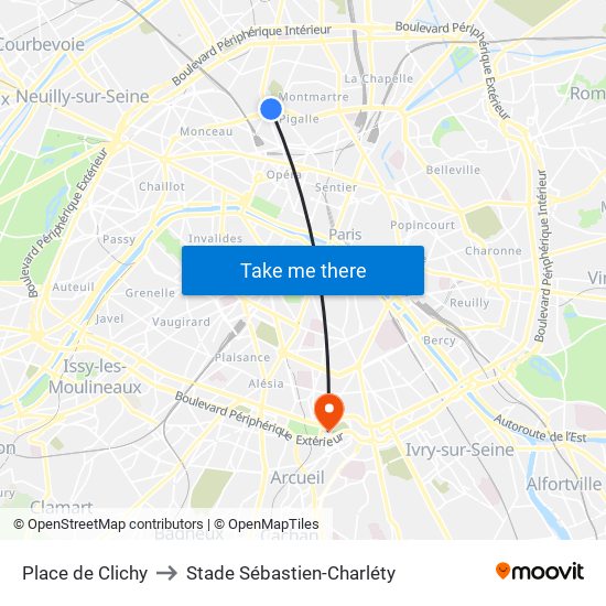 Place de Clichy to Stade Sébastien-Charléty map