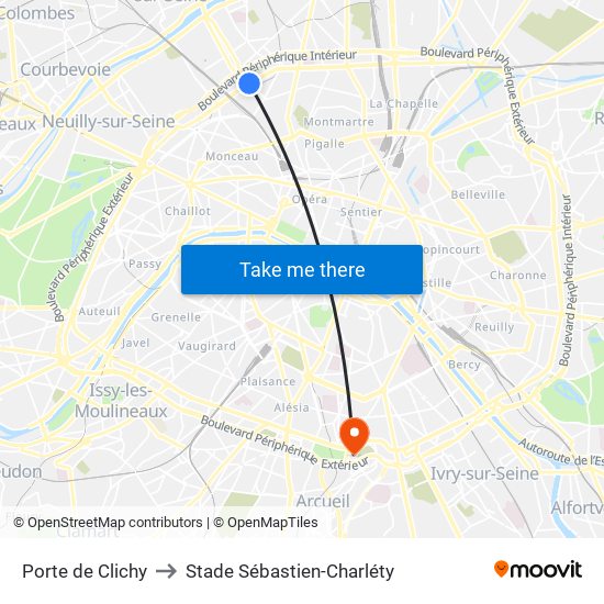 Porte de Clichy to Stade Sébastien-Charléty map
