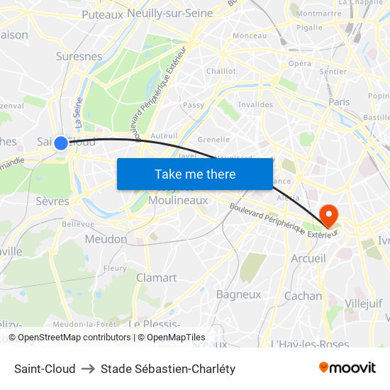 Saint-Cloud to Stade Sébastien-Charléty map