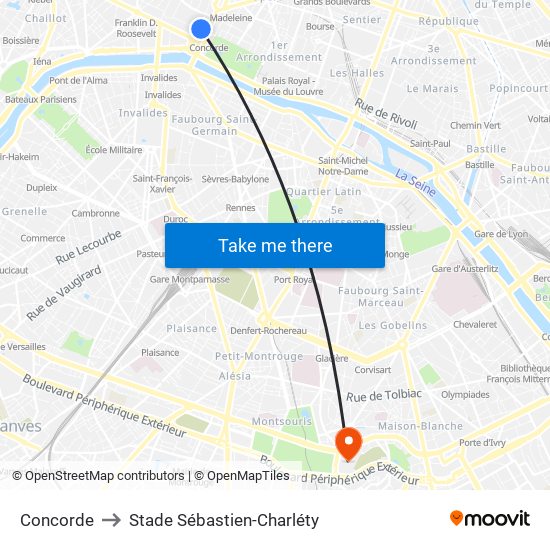 Concorde to Stade Sébastien-Charléty map