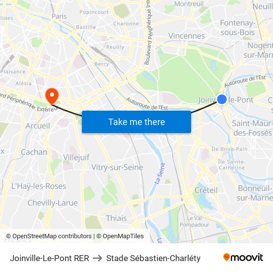 Joinville-Le-Pont RER to Stade Sébastien-Charléty map