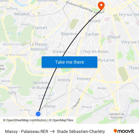 Massy - Palaiseau RER to Stade Sébastien-Charléty map
