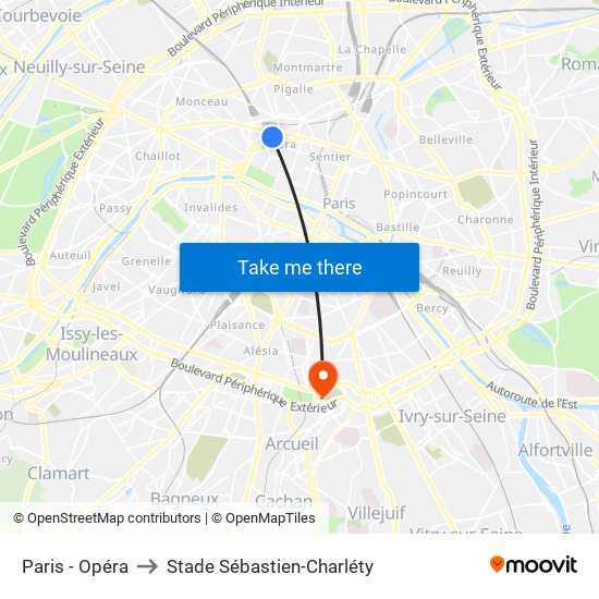 Paris - Opéra to Stade Sébastien-Charléty map