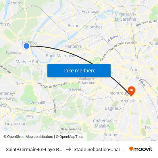 Saint-Germain-En-Laye RER to Stade Sébastien-Charléty map